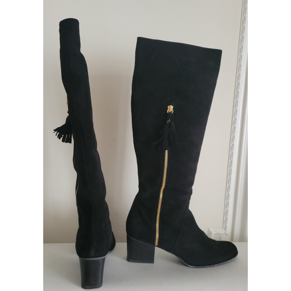 Stuart Weitzman Suede Black Over the Knee Boots with Gold Zipper With Box